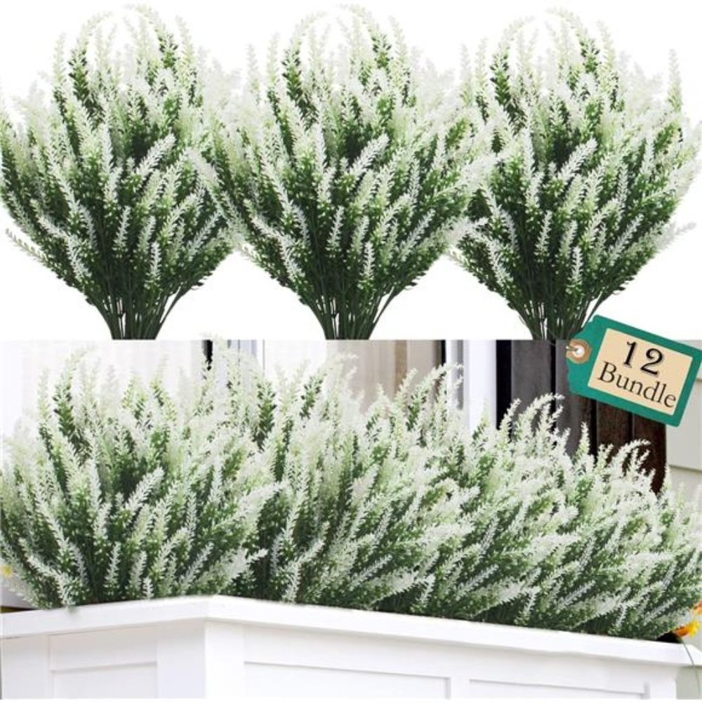 12 Bundles Artificial Lavender Flowers Outdoor UV Resistant Fake Flowers (White)